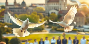 Hochzeitstauben-Verbot im Kreuzfeuer: PETA und die Kontroverse um Flugverbote 19 Das Titelbild zeigt ein fotorealistisches Szenario zur Kontroverse um das Hochzeitstauben-Verbot. Im Vordergrund fliegen zwei reinweiße Tauben anmutig in den Himmel, ihre Flügel weit ausgebreitet. Im Hintergrund ist eine sanft verschwommene Ansicht der sonnenbeschienenen Stadt Coburg mit ihrer historischen Architektur und den grünen Parks zu sehen, was Tradition und Natur symbolisiert. Eine diverse Gruppe von Menschen beobachtet die Szene; einige wirken bewundernd, andere besorgt, was die unterschiedlichen Perspektiven auf das Thema widerspiegelt. Die gesamte Szenerie wird von warmem, goldenem Sonnenlicht harmonisch beleuchtet.