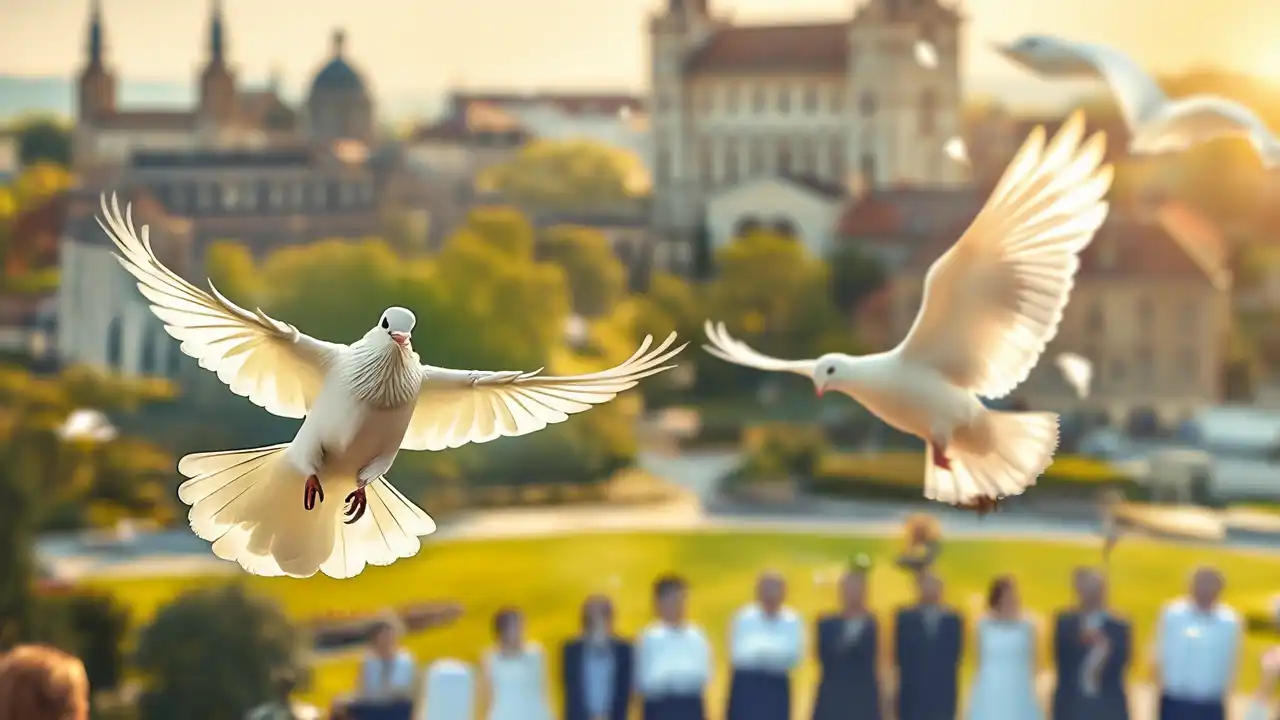 Das Titelbild zeigt ein fotorealistisches Szenario zur Kontroverse um das Hochzeitstauben-Verbot. Im Vordergrund fliegen zwei reinweiße Tauben anmutig in den Himmel, ihre Flügel weit ausgebreitet. Im Hintergrund ist eine sanft verschwommene Ansicht der sonnenbeschienenen Stadt Coburg mit ihrer historischen Architektur und den grünen Parks zu sehen, was Tradition und Natur symbolisiert. Eine diverse Gruppe von Menschen beobachtet die Szene; einige wirken bewundernd, andere besorgt, was die unterschiedlichen Perspektiven auf das Thema widerspiegelt. Die gesamte Szenerie wird von warmem, goldenem Sonnenlicht harmonisch beleuchtet.