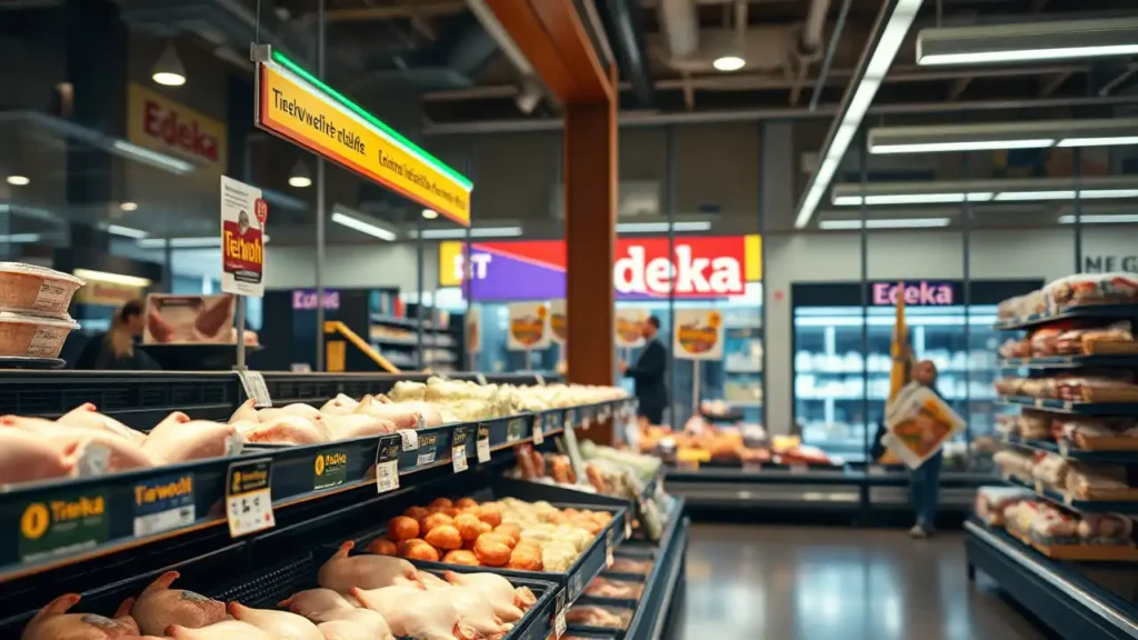 Geflügeltheke in einem Edeka-Markt mit Tierwohlkennzeichnungen und Protestplakaten im Hintergrund – Symbolbild für die Debatte um den Edeka Tierschutz.