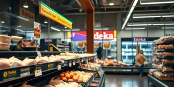 Edeka knickt vor Tierrechtlern ein: PR-Schachzug oder echter Edeka Tierschutz? 21 Geflügeltheke in einem Edeka-Markt mit Tierwohlkennzeichnungen und Protestplakaten im Hintergrund – Symbolbild für die Debatte um den Edeka Tierschutz.