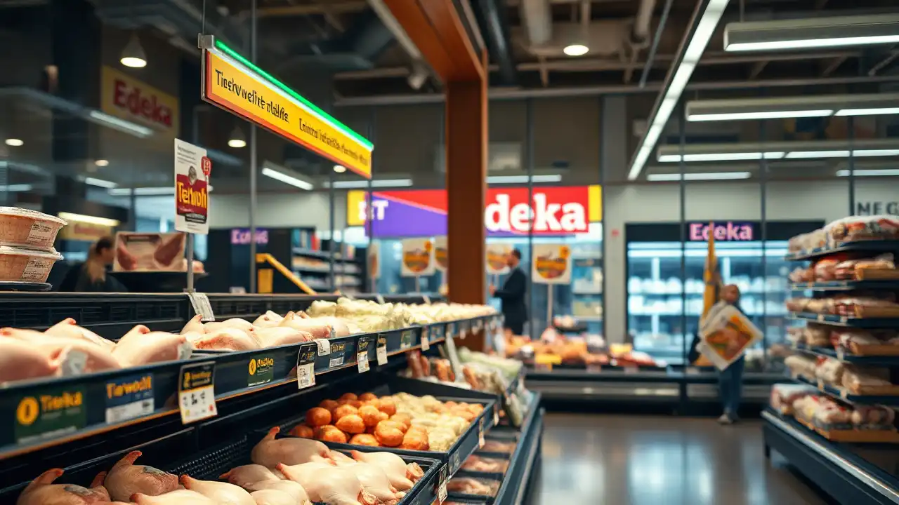 Geflügeltheke in einem Edeka-Markt mit Tierwohlkennzeichnungen und Protestplakaten im Hintergrund – Symbolbild für die Debatte um den Edeka Tierschutz.
