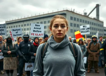 Eine fotorealistische Szene zeigt eine friedliche Tierschutzaktion vor einem großen, industriellen Schlachthof in Backnang. Eine vielfältige Gruppe von Tierrechtsaktivisten steht mit entschlossenen Gesichtsausdrücken, einige halten Schilder hoch, die zu mehr Tierschutz und strengeren Gesetzen aufrufen. Der bewölkte Himmel verleiht der Atmosphäre eine düstere Note. Im Hintergrund erhebt sich der Schlachthof mit seiner industriellen Architektur, während Polizeibeamte für Ordnung sorgen. Im Vordergrund steht eine junge Aktivistin, die den andauernden Rechtsstreit symbolisiert und den Geist des zivilen Ungehorsams sowie den Kampf für Tierrechte verkörpert. Das Bild vermittelt ein Gefühl von Spannung, Hoffnung und der Komplexität des Protests.