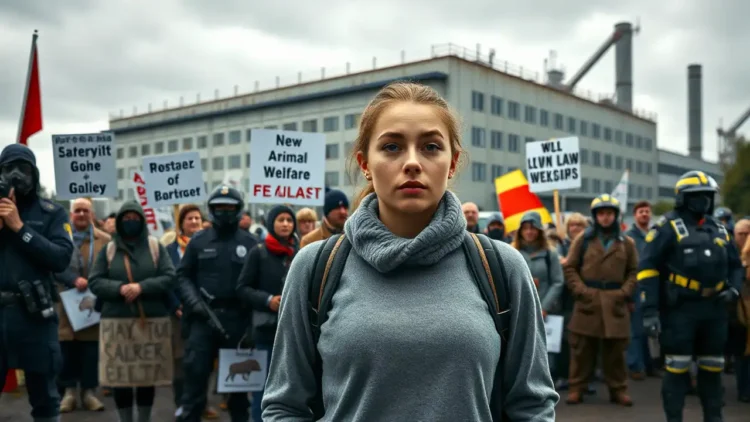 Eine fotorealistische Szene zeigt eine friedliche Tierschutzaktion vor einem großen, industriellen Schlachthof in Backnang. Eine vielfältige Gruppe von Tierrechtsaktivisten steht mit entschlossenen Gesichtsausdrücken, einige halten Schilder hoch, die zu mehr Tierschutz und strengeren Gesetzen aufrufen. Der bewölkte Himmel verleiht der Atmosphäre eine düstere Note. Im Hintergrund erhebt sich der Schlachthof mit seiner industriellen Architektur, während Polizeibeamte für Ordnung sorgen. Im Vordergrund steht eine junge Aktivistin, die den andauernden Rechtsstreit symbolisiert und den Geist des zivilen Ungehorsams sowie den Kampf für Tierrechte verkörpert. Das Bild vermittelt ein Gefühl von Spannung, Hoffnung und der Komplexität des Protests.
