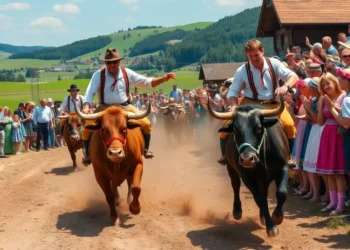 Ochsenrennen in Aying: Tradition zwischen Unterhaltung und Tierschutzdebatte 26 Das Bild zeigt ein lebhaftes Ochsenrennen in Aying, das die Aufregung und kulturelle Bedeutung des Ereignisses einfängt. Im Vordergrund rasen zwei kräftige Ochsen mit angespannten Muskeln über eine Sandbahn. Ihre Reiter, gekleidet in traditioneller bayerischer Tracht, lenken die Tiere mit entschlossenen Gesichtern. Um die Strecke herum jubeln Zuschauer aller Altersgruppen, einige ebenfalls in bayerischer Tracht. Im Hintergrund erstreckt sich die malerische bayerische Landschaft mit sanften Hügeln, saftig grünen Feldern und einem klaren blauen Himmel. Das Bild vermittelt Tradition, Gemeinschaft und die lebendige Atmosphäre eines beliebten kulturellen Ereignisses.