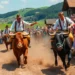 Ochsenrennen in Aying: Tradition zwischen Unterhaltung und Tierschutzdebatte 6 Das Bild zeigt ein lebhaftes Ochsenrennen in Aying, das die Aufregung und kulturelle Bedeutung des Ereignisses einfängt. Im Vordergrund rasen zwei kräftige Ochsen mit angespannten Muskeln über eine Sandbahn. Ihre Reiter, gekleidet in traditioneller bayerischer Tracht, lenken die Tiere mit entschlossenen Gesichtern. Um die Strecke herum jubeln Zuschauer aller Altersgruppen, einige ebenfalls in bayerischer Tracht. Im Hintergrund erstreckt sich die malerische bayerische Landschaft mit sanften Hügeln, saftig grünen Feldern und einem klaren blauen Himmel. Das Bild vermittelt Tradition, Gemeinschaft und die lebendige Atmosphäre eines beliebten kulturellen Ereignisses.