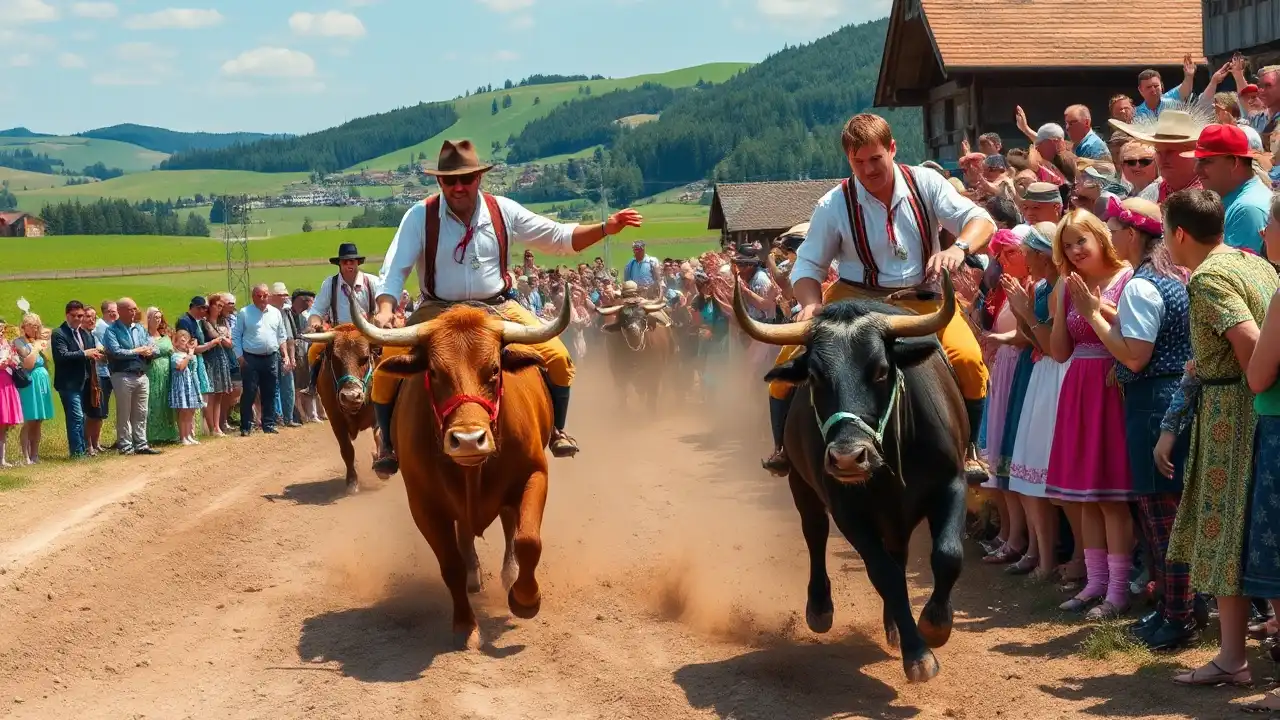 Das Bild zeigt ein lebhaftes Ochsenrennen in Aying, das die Aufregung und kulturelle Bedeutung des Ereignisses einfängt. Im Vordergrund rasen zwei kräftige Ochsen mit angespannten Muskeln über eine Sandbahn. Ihre Reiter, gekleidet in traditioneller bayerischer Tracht, lenken die Tiere mit entschlossenen Gesichtern. Um die Strecke herum jubeln Zuschauer aller Altersgruppen, einige ebenfalls in bayerischer Tracht. Im Hintergrund erstreckt sich die malerische bayerische Landschaft mit sanften Hügeln, saftig grünen Feldern und einem klaren blauen Himmel. Das Bild vermittelt Tradition, Gemeinschaft und die lebendige Atmosphäre eines beliebten kulturellen Ereignisses.