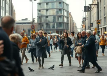 53 Ein geschäftiger Fußgängerbereich in einer deutschen Stadt, dargestellt in fotorealistischer Manier. Menschen gehen umher, einige wirken schockiert oder besorgt. Im Vordergrund hat sich eine kleine Gruppe versammelt und zeigt auf etwas außerhalb des Bildrahmens auf dem Boden, was für Sensibilität sorgt. Die Atmosphäre vermittelt Spannung und Besorgnis, wobei der Gegensatz zwischen menschlichem Treiben und Natur durch einige nahegelegene Tauben symbolisiert wird. Das Bild fängt die Stimmung eines öffentlichen Vorfalls ein, der Fragen zu gesellschaftlichen Werten und Tierquälerei im öffentlichen Raum aufwirft, ohne Gewalt zu zeigen. Im Hintergrund sind typische städtische Architektur wie moderne Gebäude und Straßenschilder zu sehen, die den zeitgenössischen Stadtkontext unterstreichen.