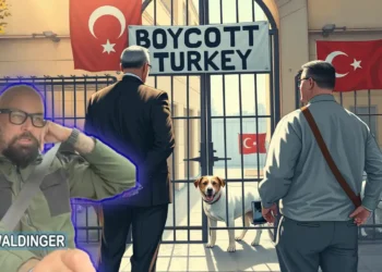 Boykott gegen die Türkei: Jens Waldingers Angst ums Geschäft mit Auslandshunden 37 Jens Waldinger vor einem türkischen Tierheim mit Boykott-Plakat – Symbolbild für Profitinteressen im Tierschutz.