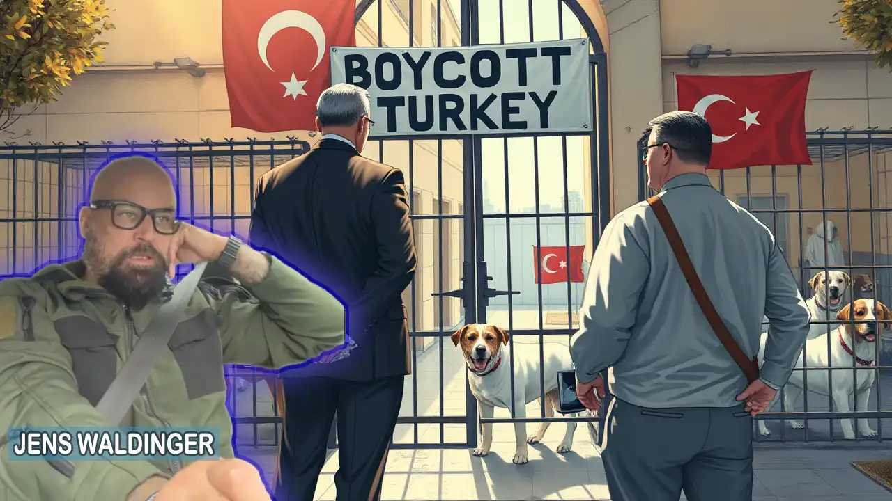 Jens Waldinger vor einem türkischen Tierheim mit Boykott-Plakat – Symbolbild für Profitinteressen im Tierschutz.