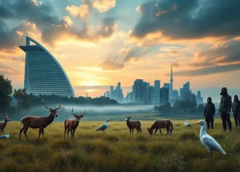 Ein fotorealistisches Bild zeigt den Kontrast zwischen einer friedlichen Naturlandschaft und einer urbanen Umgebung. Im Vordergrund liegt eine ruhige Wiese mit verschiedenen Tieren wie Rehen und Vögeln, die effektiven Tierschutz und natürliche Harmonie symbolisieren. Im Hintergrund erhebt sich eine moderne Stadtsilhouette mit einem markanten Hotel, vor dem eine Gruppe von Aktivisten mit Gasmasken steht, um gegen Zoonosen zu protestieren. Der Himmel ist dramatisch und zeigt die Farben eines Sonnenaufgangs, die Hoffnung und Wandel andeuten. Die Gesamtstimmung ist nachdenklich und fordert die Betrachter auf, über das Gleichgewicht zwischen Aktivismus und effektivem Tierschutz nachzudenken.