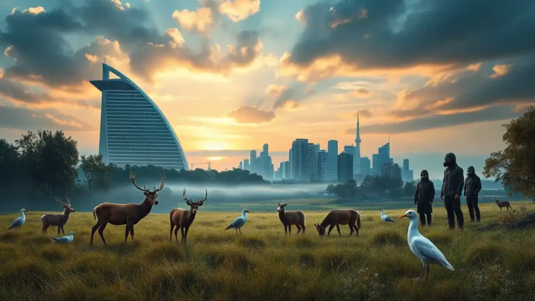 Ein fotorealistisches Bild zeigt den Kontrast zwischen einer friedlichen Naturlandschaft und einer urbanen Umgebung. Im Vordergrund liegt eine ruhige Wiese mit verschiedenen Tieren wie Rehen und Vögeln, die effektiven Tierschutz und natürliche Harmonie symbolisieren. Im Hintergrund erhebt sich eine moderne Stadtsilhouette mit einem markanten Hotel, vor dem eine Gruppe von Aktivisten mit Gasmasken steht, um gegen Zoonosen zu protestieren. Der Himmel ist dramatisch und zeigt die Farben eines Sonnenaufgangs, die Hoffnung und Wandel andeuten. Die Gesamtstimmung ist nachdenklich und fordert die Betrachter auf, über das Gleichgewicht zwischen Aktivismus und effektivem Tierschutz nachzudenken.