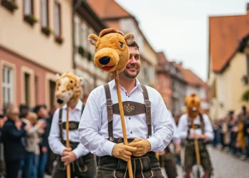 Tradition im Wandel: Die Debatte um Pferde bei Schützenfesten 26 Ein fotorealistisches Bild zeigt eine traditionelle deutsche Schützenfest-Parade ohne Pferde. Menschen in Trachten ziehen stolz durch das historische Stadtzentrum, das von charmanten alten Gebäuden gesäumt ist. Die festliche Atmosphäre wird durch bunte Fahnen und traditionelle Musikkapellen untermalt, während fröhliche Menschenmengen die gepflasterten Straßen säumen. Im Hintergrund sind Anzeichen von üppigem Grün und entfernten, sanften Hügeln zu sehen, die die Schönheit der deutschen Landschaft andeuten. Das Bild vermittelt ein Gefühl von kulturellem Erbe und Gemeinschaftsgeist und zeigt, wie sich Traditionen in einem modernen Kontext weiterentwickeln, auch ohne die früher typischen Pferde bei Schützenfesten.
