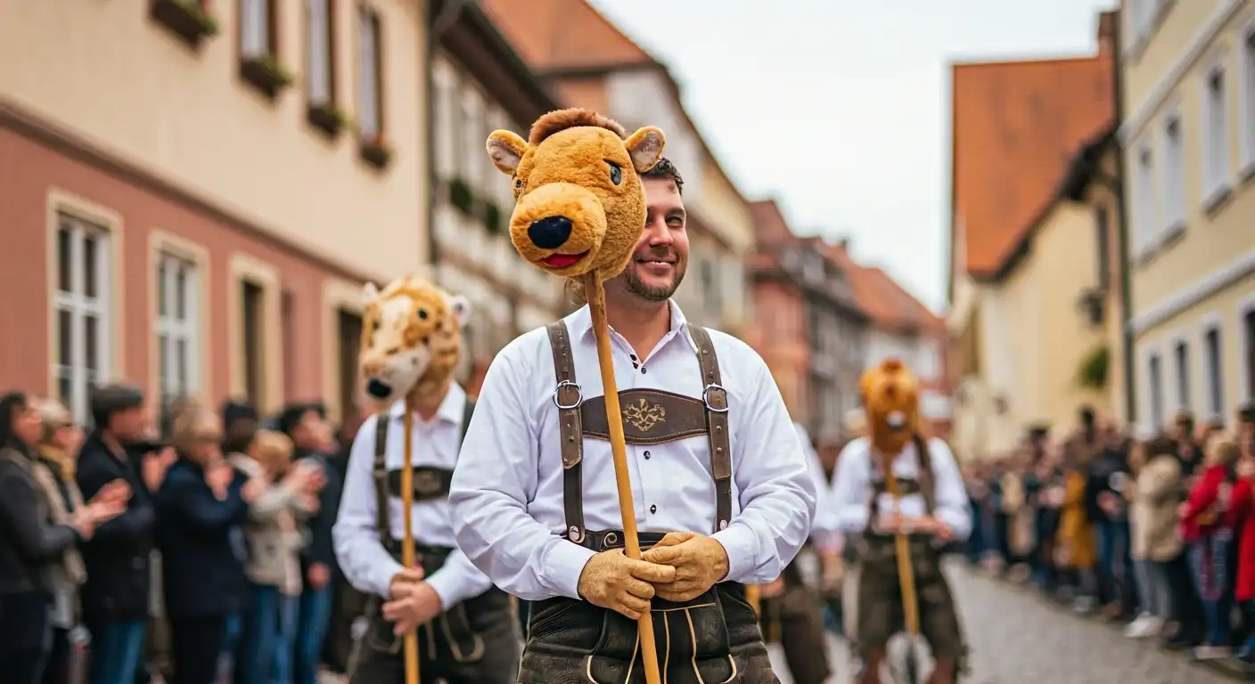 Ein fotorealistisches Bild zeigt eine traditionelle deutsche Schützenfest-Parade ohne Pferde. Menschen in Trachten ziehen stolz durch das historische Stadtzentrum, das von charmanten alten Gebäuden gesäumt ist. Die festliche Atmosphäre wird durch bunte Fahnen und traditionelle Musikkapellen untermalt, während fröhliche Menschenmengen die gepflasterten Straßen säumen. Im Hintergrund sind Anzeichen von üppigem Grün und entfernten, sanften Hügeln zu sehen, die die Schönheit der deutschen Landschaft andeuten. Das Bild vermittelt ein Gefühl von kulturellem Erbe und Gemeinschaftsgeist und zeigt, wie sich Traditionen in einem modernen Kontext weiterentwickeln, auch ohne die früher typischen Pferde bei Schützenfesten.