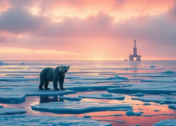 Ein fotorealistisches Bild zeigt die eisige Wildnis der Arktis bei Sonnenaufgang. Ein einzelner Eisbär steht ruhig auf einer langsam schmelzenden Eisscholle. Im Hintergrund erstreckt sich der weite Arktische Ozean bis zum fernen Horizont, wo schemenhaft eine Ölbohrplattform zu erkennen ist. Der Himmel ist in Rosa- und Orangetönen gefärbt, die sich im Wasser und Eis spiegeln und ein Gefühl von Hoffnung und Ungewissheit vermitteln. Das Bild thematisiert den Eisbärenschutz im Kontext von Umweltbewahrung und geopolitischen Interessen, passend zum Artikel über Donald Trumps überraschende Unterstützung für den Schutz der Eisbären.