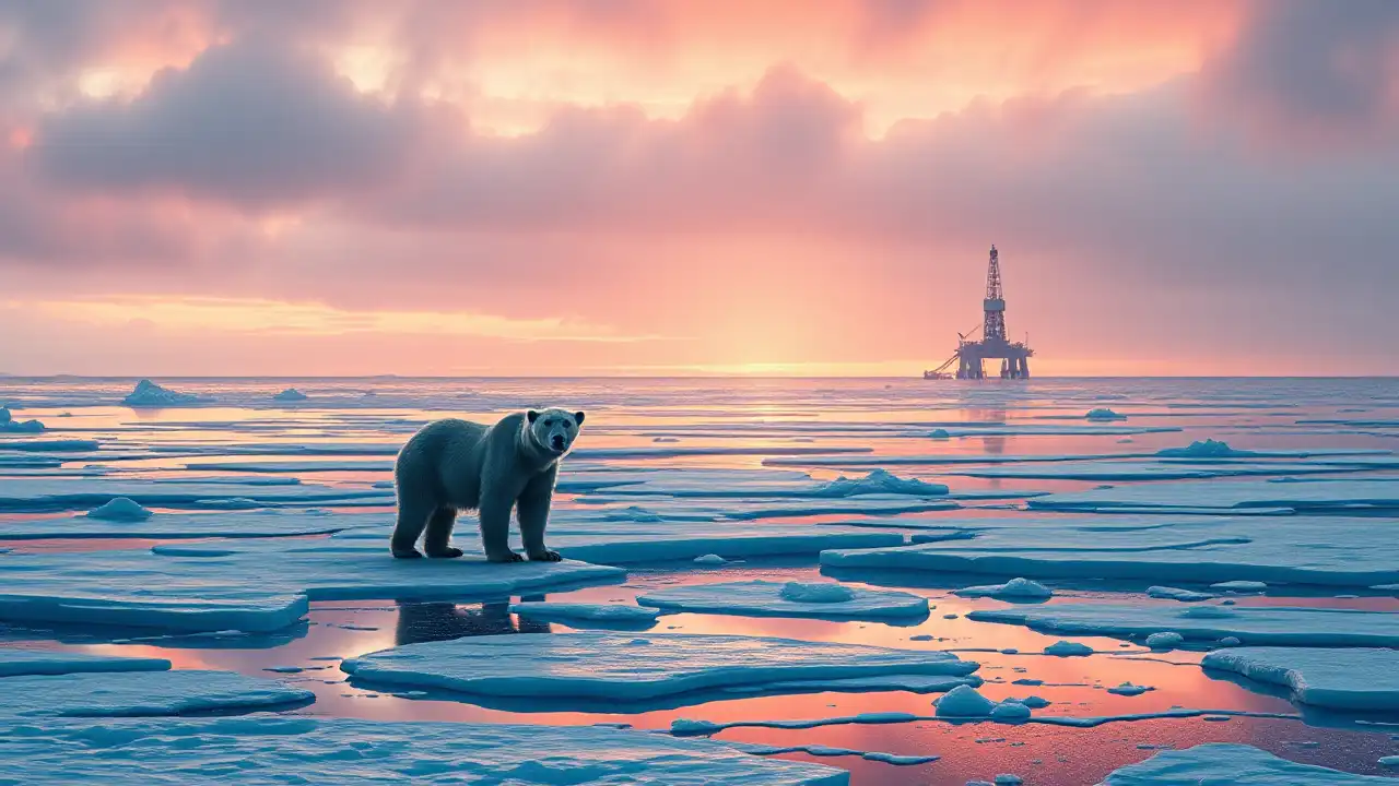 Ein fotorealistisches Bild zeigt die eisige Wildnis der Arktis bei Sonnenaufgang. Ein einzelner Eisbär steht ruhig auf einer langsam schmelzenden Eisscholle. Im Hintergrund erstreckt sich der weite Arktische Ozean bis zum fernen Horizont, wo schemenhaft eine Ölbohrplattform zu erkennen ist. Der Himmel ist in Rosa- und Orangetönen gefärbt, die sich im Wasser und Eis spiegeln und ein Gefühl von Hoffnung und Ungewissheit vermitteln. Das Bild thematisiert den Eisbärenschutz im Kontext von Umweltbewahrung und geopolitischen Interessen, passend zum Artikel über Donald Trumps überraschende Unterstützung für den Schutz der Eisbären.