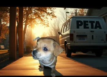 PETA und der Fall Maya – Ein Skandal, der nie vergessen werden darf 26 Ein kleiner Hund sitzt friedlich auf einer Veranda, während im Hintergrund ein PETA-Transporter näherrückt – Symbol für Verrat im Namen des Tierschutzes.