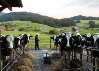 52 Ein fotorealistisches Bild zeigt eine friedliche bayerische Landschaft bei Rosenheim im sanften Morgenlicht. Im Vordergrund sind Kühe in Anbindehaltung zu sehen, die in ihren einzelnen Ställen in einer rustikalen Scheune untergebracht sind. Die Tiere wirken gepflegt, mit sauberen Fellen und Zugang zu frischem Wasser. Im Hintergrund erstrecken sich grüne Hügel mit vereinzelten Bauernhäusern, während dichte Wälder in der Ferne zu erkennen sind. Der Himmel in zarten Pastellfarben der Morgendämmerung verleiht der Szene eine ruhige und ausgewogene Atmosphäre.