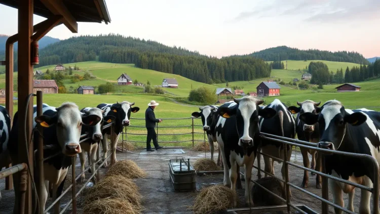 Ein fotorealistisches Bild zeigt eine friedliche bayerische Landschaft bei Rosenheim im sanften Morgenlicht. Im Vordergrund sind Kühe in Anbindehaltung zu sehen, die in ihren einzelnen Ställen in einer rustikalen Scheune untergebracht sind. Die Tiere wirken gepflegt, mit sauberen Fellen und Zugang zu frischem Wasser. Im Hintergrund erstrecken sich grüne Hügel mit vereinzelten Bauernhäusern, während dichte Wälder in der Ferne zu erkennen sind. Der Himmel in zarten Pastellfarben der Morgendämmerung verleiht der Szene eine ruhige und ausgewogene Atmosphäre.