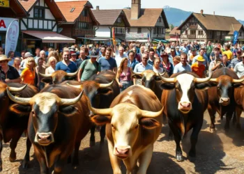 Der Rinderausbruch bei der OLMA: Eine Analyse des Vorfalls und seiner Hintergründe 23 Auf der OLMA Landwirtschaftsmesse in St. Gallen, Schweiz, herrscht reges Treiben. Im Vordergrund sind mehrere große Rinder zu sehen, die aufgeregt und in Bewegung sind, nachdem sie aus ihrem Gehege ausgebrochen sind. Um sie herum steht eine vielfältige Menge von überraschten und besorgten Messebesuchern, die das unerwartete Ereignis beobachten. Der Schauplatz ist ein lebhaftes Messegelände mit bunten Ständen und Bannern, die die dynamische Atmosphäre der Veranstaltung unterstreichen. Im Hintergrund sind traditionelle Schweizer Gebäude sichtbar, die auf die kulturelle Bedeutung des Ortes hinweisen. Der klare Himmel deutet auf einen sonnigen Tag hin und ergänzt die energetische Szene. Der Rinderausbruch vermittelt Spannung und Dringlichkeit, während gleichzeitig die lebendige Umgebung der Messe hervorgehoben wird.