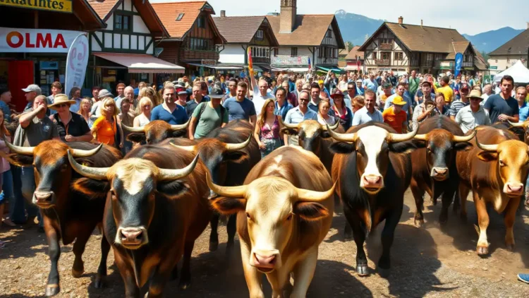Auf der OLMA Landwirtschaftsmesse in St. Gallen, Schweiz, herrscht reges Treiben. Im Vordergrund sind mehrere große Rinder zu sehen, die aufgeregt und in Bewegung sind, nachdem sie aus ihrem Gehege ausgebrochen sind. Um sie herum steht eine vielfältige Menge von überraschten und besorgten Messebesuchern, die das unerwartete Ereignis beobachten. Der Schauplatz ist ein lebhaftes Messegelände mit bunten Ständen und Bannern, die die dynamische Atmosphäre der Veranstaltung unterstreichen. Im Hintergrund sind traditionelle Schweizer Gebäude sichtbar, die auf die kulturelle Bedeutung des Ortes hinweisen. Der klare Himmel deutet auf einen sonnigen Tag hin und ergänzt die energetische Szene. Der Rinderausbruch vermittelt Spannung und Dringlichkeit, während gleichzeitig die lebendige Umgebung der Messe hervorgehoben wird.