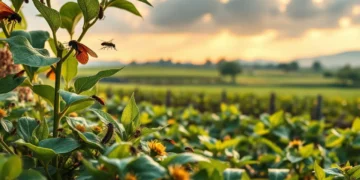 Ein harmonisches Landschaftsbild, das das Gleichgewicht zwischen Natur und Landwirtschaft symbolisiert. Im Vordergrund interagieren verschiedene Insekten friedlich mit den Pflanzen und verdeutlichen ihre Rolle im Ökosystem. Im Hintergrund ist ein moderner Bauernhof zu sehen, der nachhaltige Praktiken anwendet, mit üppigen Feldern und subtil integrierter, fortschrittlicher Agrartechnologie. Die warme Beleuchtung vermittelt eine hoffnungsvolle Zukunft, in der ethische Überlegungen und Ernährungssicherheit koexistieren. Das Bild inspiriert zum Nachdenken über die komplexe "ethische Sprache der Schädlinge" und ihre Bedeutung für eine nachhaltige Landwirtschaft.