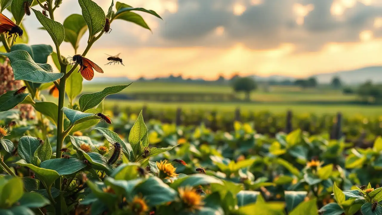 Ein harmonisches Landschaftsbild, das das Gleichgewicht zwischen Natur und Landwirtschaft symbolisiert. Im Vordergrund interagieren verschiedene Insekten friedlich mit den Pflanzen und verdeutlichen ihre Rolle im Ökosystem. Im Hintergrund ist ein moderner Bauernhof zu sehen, der nachhaltige Praktiken anwendet, mit üppigen Feldern und subtil integrierter, fortschrittlicher Agrartechnologie. Die warme Beleuchtung vermittelt eine hoffnungsvolle Zukunft, in der ethische Überlegungen und Ernährungssicherheit koexistieren. Das Bild inspiriert zum Nachdenken über die komplexe "ethische Sprache der Schädlinge" und ihre Bedeutung für eine nachhaltige Landwirtschaft.