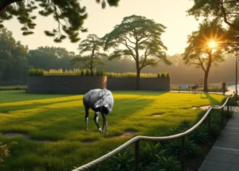 Abschied von Nilgau Balu: Das Ende einer Ära im Krefelder Zoo 25 Das Bild zeigt ein fotorealistisches, ruhiges Zoo-Szenario mit einem leeren, gepflegten Nilgau-Gehege, das an den verstorbenen Nilgau Balu erinnert. Umgeben von üppigem Grün vermittelt die Szenerie Frieden und natürliche Schönheit. Im Hintergrund sind dezente Elemente der Zooarchitektur wie Wege und Informationsschilder zu erkennen, die die Umgebung des Zoos betonen. Weiches, warmes Licht, das an einen Sonnenuntergang oder frühen Morgen erinnert, erzeugt ein Gefühl von Nostalgie und Nachdenklichkeit. Die Aufnahme spiegelt die harmonische Verbindung zwischen Mensch und Tier wider und erinnert an das Erbe und die Bedeutung des Nilgau Balu im Zoo.