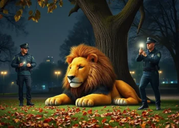 Zwei Polizisten leuchten mit Taschenlampen auf einen riesigen Plüsch-Löwen unter einem Baum im Frankfurter Stadtpark – ein humorvoller Polizeieinsatz.