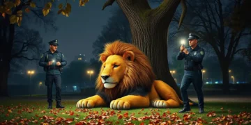 Der Plüsch-Löwe im Stadtpark: Frankfurt und sein flauschigster Polizeieinsatz 19 Zwei Polizisten leuchten mit Taschenlampen auf einen riesigen Plüsch-Löwen unter einem Baum im Frankfurter Stadtpark – ein humorvoller Polizeieinsatz.