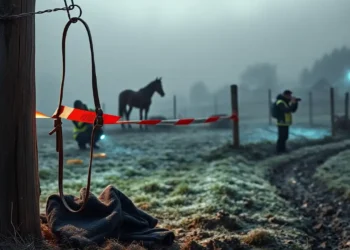 Pferderipper Görlitz: PETA meldet totes Pferd in Hörnitz und setzt 1000 Euro Belohnung aus 27 Morgendämmerung auf einer Weide bei Hörnitz, frostiger Nebel über Gras und Fahrspuren; am Zaunpfosten ein taufeuchtes Lederhalfter und rot‑weißes Polizeiabsperrband, daneben zerknitterte Pferdedecke, Hufabdrücke und kleine Beweismarker; zwei Ermittler arbeiten am Paddocktor, Blaulicht schimmert im Dunst, im Hintergrund ein einzelnes Pferd vor Dorf und Hügeln – Spurensuche im Fall Pferderipper Görlitz