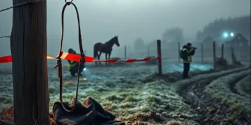 Morgendämmerung auf einer Weide bei Hörnitz, frostiger Nebel über Gras und Fahrspuren; am Zaunpfosten ein taufeuchtes Lederhalfter und rot‑weißes Polizeiabsperrband, daneben zerknitterte Pferdedecke, Hufabdrücke und kleine Beweismarker; zwei Ermittler arbeiten am Paddocktor, Blaulicht schimmert im Dunst, im Hintergrund ein einzelnes Pferd vor Dorf und Hügeln – Spurensuche im Fall Pferderipper Görlitz
