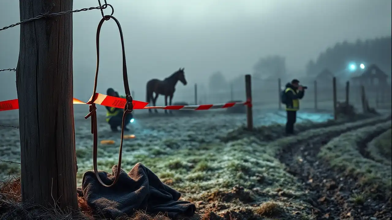 Morgendämmerung auf einer Weide bei Hörnitz, frostiger Nebel über Gras und Fahrspuren; am Zaunpfosten ein taufeuchtes Lederhalfter und rot‑weißes Polizeiabsperrband, daneben zerknitterte Pferdedecke, Hufabdrücke und kleine Beweismarker; zwei Ermittler arbeiten am Paddocktor, Blaulicht schimmert im Dunst, im Hintergrund ein einzelnes Pferd vor Dorf und Hügeln – Spurensuche im Fall Pferderipper Görlitz