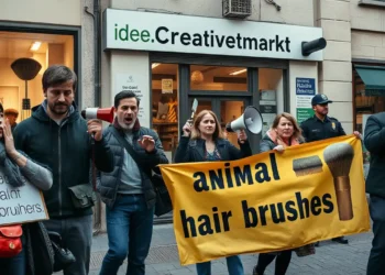 Radikale Demonstration im Rahmen des veganer Aktivismus vor einem Bastelladen mit Megaphonen und Transparenten.