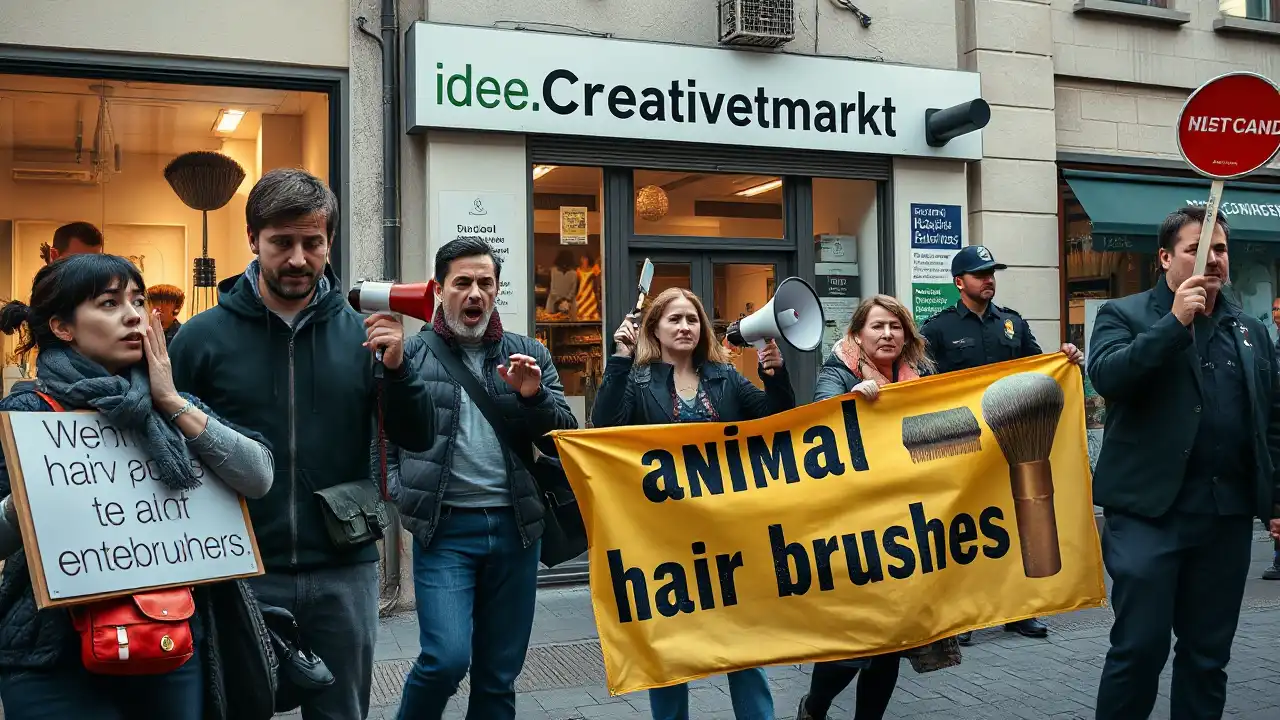 Radikale Demonstration im Rahmen des veganer Aktivismus vor einem Bastelladen mit Megaphonen und Transparenten.