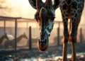 Giraffe steht still im nebligen Zoo Gehege bei Sonnenaufgang als Symbol für Giraffenhaltung Kritik
