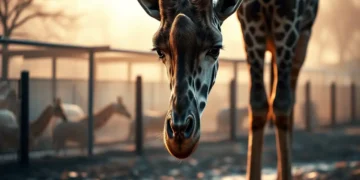 Giraffe steht still im nebligen Zoo Gehege bei Sonnenaufgang als Symbol für Giraffenhaltung Kritik
