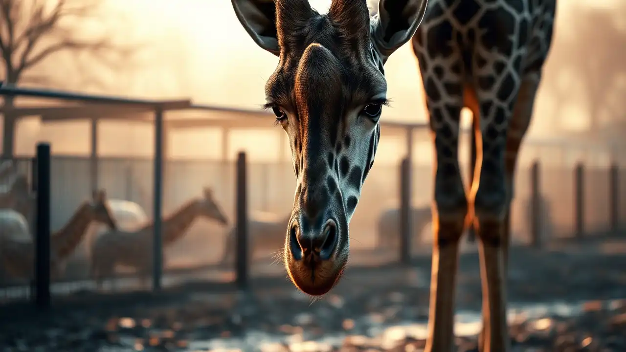 Giraffenhaltung Kritik – Wenn PETA wieder lauter ist als die Fakten 1 Giraffe steht still im nebligen Zoo Gehege bei Sonnenaufgang als Symbol für Giraffenhaltung Kritik
