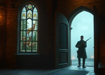 Ein Jäger steht nachdenklich vor einer Kirche im Abendlicht, innen brennen Kerzen und erinnern an die PETA Kritik Jagd