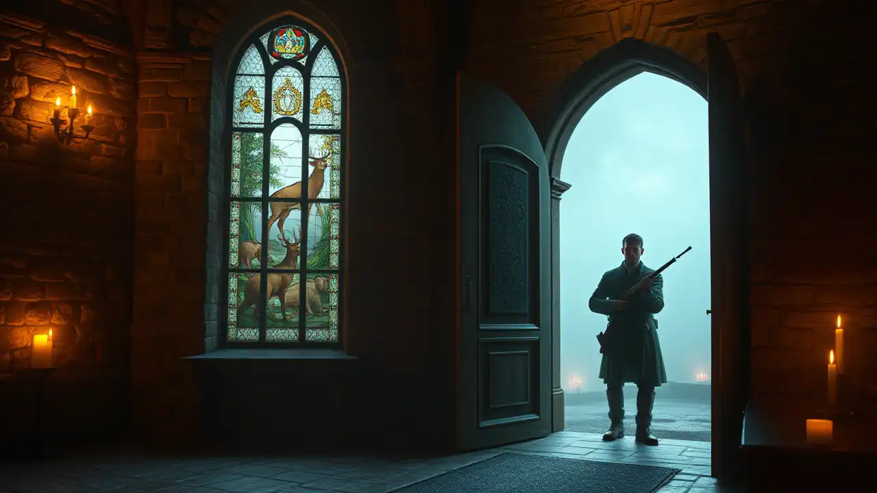 Ein Jäger steht nachdenklich vor einer Kirche im Abendlicht, innen brennen Kerzen und erinnern an die PETA Kritik Jagd