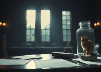 Tierquälerei Bad Bodenteich: Wenn PETA selbst die Grenzen des Rechts überschreitet 26 Gerichtssaal mit schwachem Licht und einem Glas mit einer Katze als Symbol für Tierquälerei Bad Bodenteich