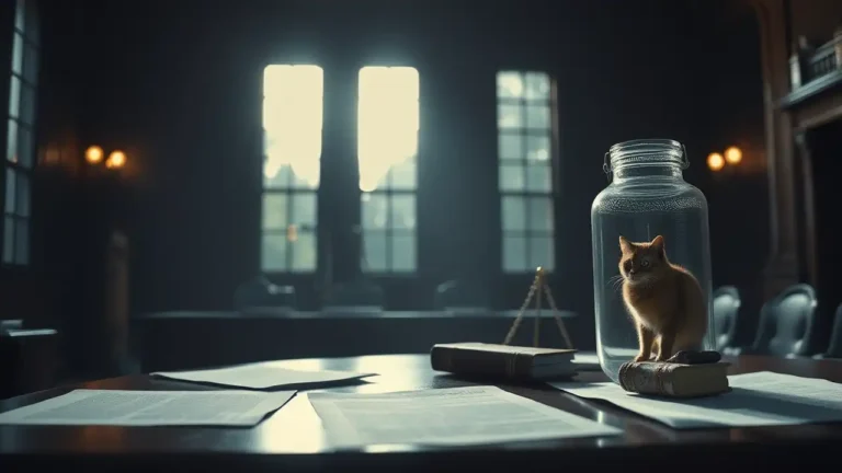 Gerichtssaal mit schwachem Licht und einem Glas mit einer Katze als Symbol für Tierquälerei Bad Bodenteich