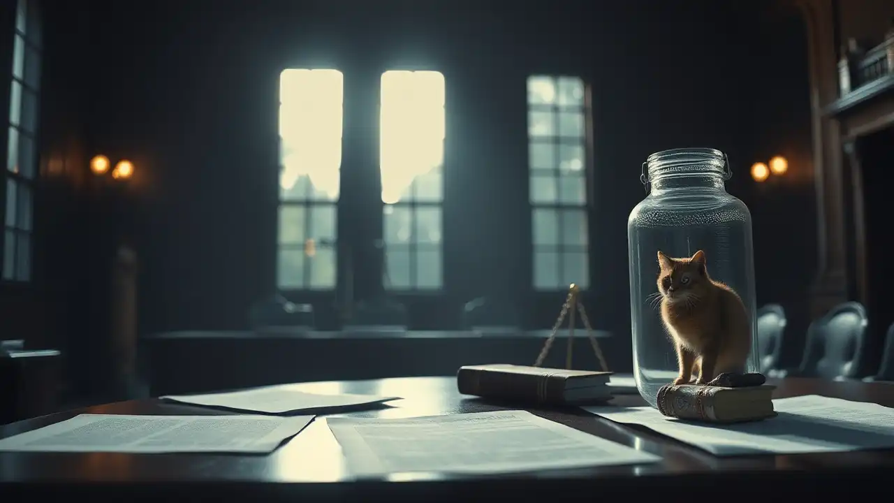 Tierquälerei Bad Bodenteich: Wenn PETA selbst die Grenzen des Rechts überschreitet 1 Gerichtssaal mit schwachem Licht und einem Glas mit einer Katze als Symbol für Tierquälerei Bad Bodenteich