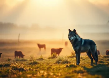 Ein Wolf steht auf einer nebligen Wiese bei Cuxhaven im Morgenlicht, Symbol für den Konflikt um den Wolfsabschuss Cuxhaven