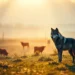 Ein Wolf steht auf einer nebligen Wiese bei Cuxhaven im Morgenlicht, Symbol für den Konflikt um den Wolfsabschuss Cuxhaven