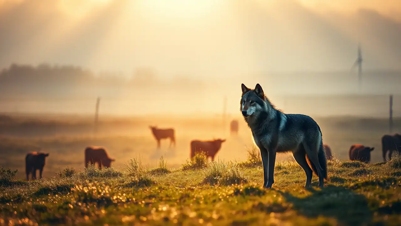 Wolfsabschuss Cuxhaven – Gericht stoppt umstrittene Tötung 1 Ein Wolf steht auf einer nebligen Wiese bei Cuxhaven im Morgenlicht, Symbol für den Konflikt um den Wolfsabschuss Cuxhaven