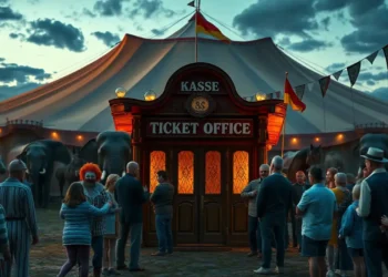 Ein traditioneller Zirkus im Abendlicht mit beleuchteten Zelten und ruhig stehenden Elefanten und Pferden im Vordergrund vor einem Rathaus unter bewölktem Himmel symbolisiert den Konflikt um das Zirkus Wildtierverbot