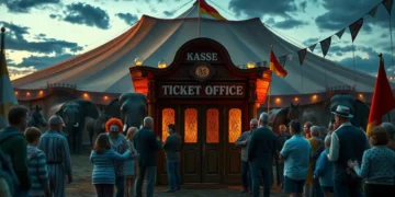 Ein traditioneller Zirkus im Abendlicht mit beleuchteten Zelten und ruhig stehenden Elefanten und Pferden im Vordergrund vor einem Rathaus unter bewölktem Himmel symbolisiert den Konflikt um das Zirkus Wildtierverbot