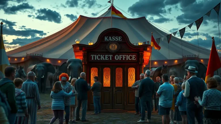 Ein traditioneller Zirkus im Abendlicht mit beleuchteten Zelten und ruhig stehenden Elefanten und Pferden im Vordergrund vor einem Rathaus unter bewölktem Himmel symbolisiert den Konflikt um das Zirkus Wildtierverbot