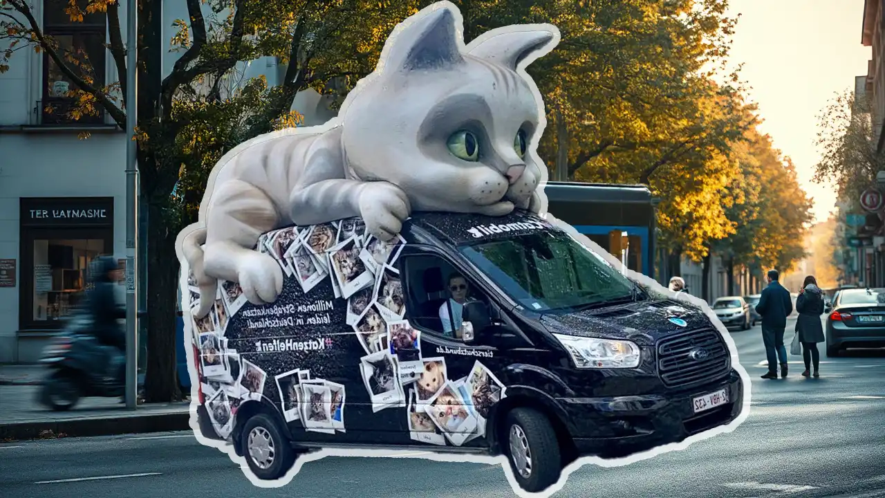 Ein buntes Fahrzeug mit großer Katze auf dem Dach steht in einer Stadtstraße und wirbt im Rahmen der Katzenschutz Kampagne für den Schutz von Straßenkatzen