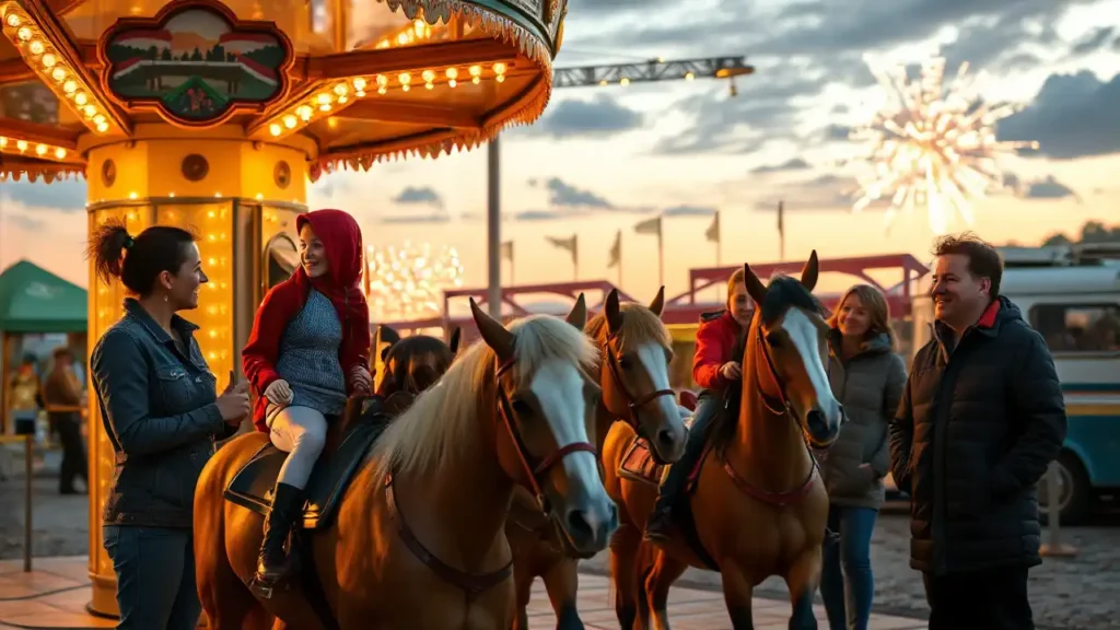 Kinder reiten beim Ponyreiten Kaiserslautern auf gepflegten Ponys im Abendlicht vor einem Feuerwerk auf der Kerwe
